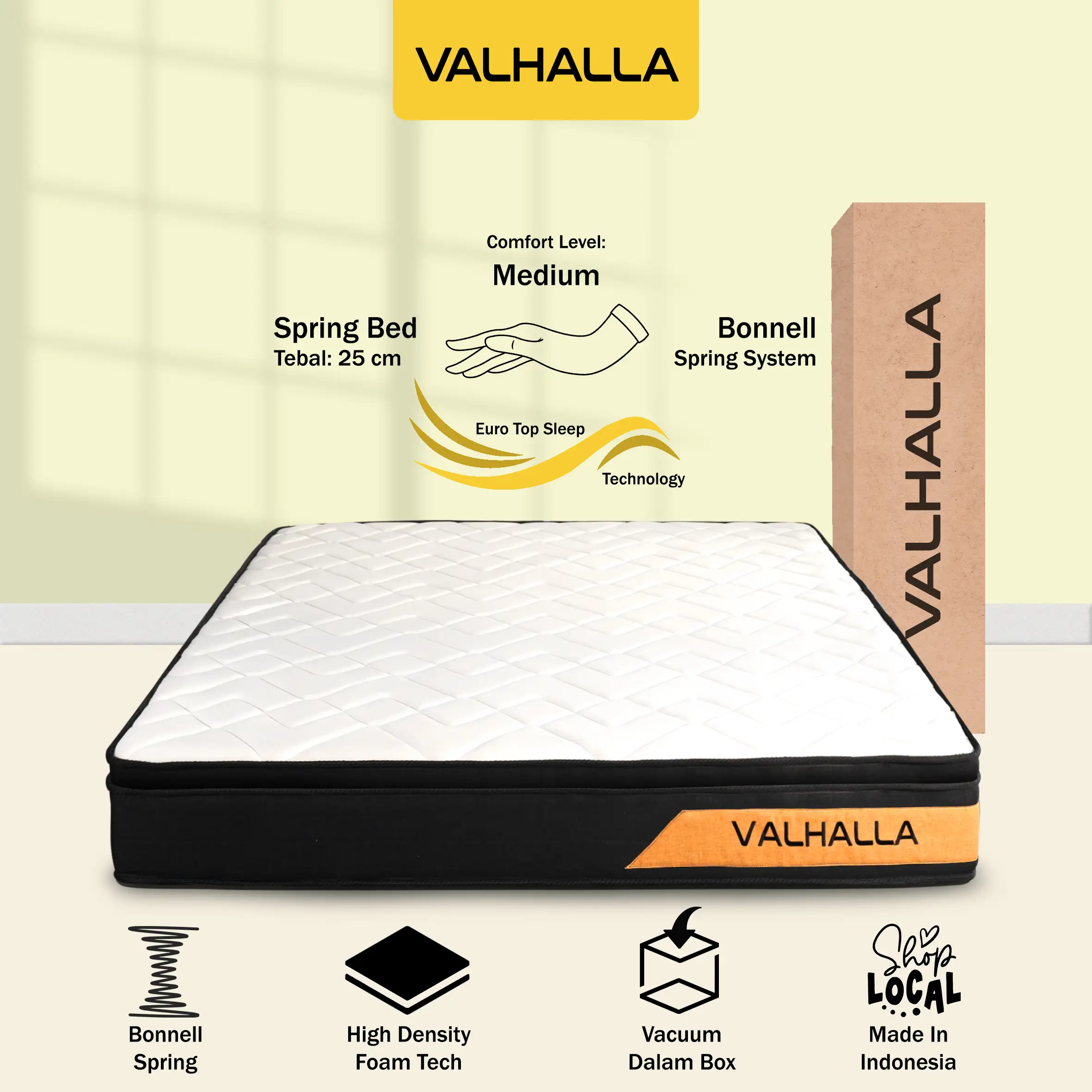Valhalla Kasur Spring Bed 20cm & 25cm Euro Top- Bonnell Spring Vacuum Dalam Box