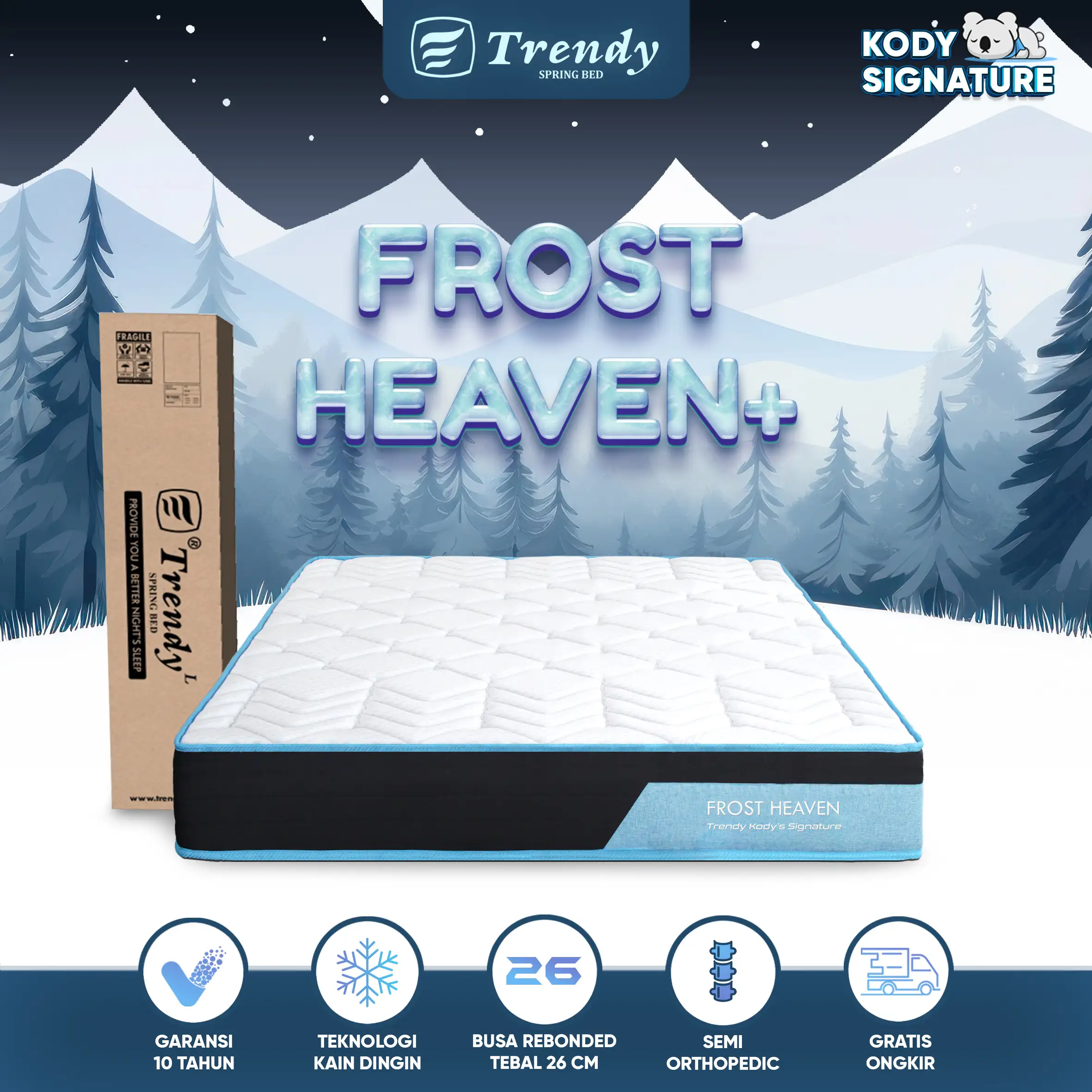 Kody Trendy Frost Heaven - Kasur Busa Dingin Semi Orthopedic Rebonded Density 50 A Grade Vacuum Box