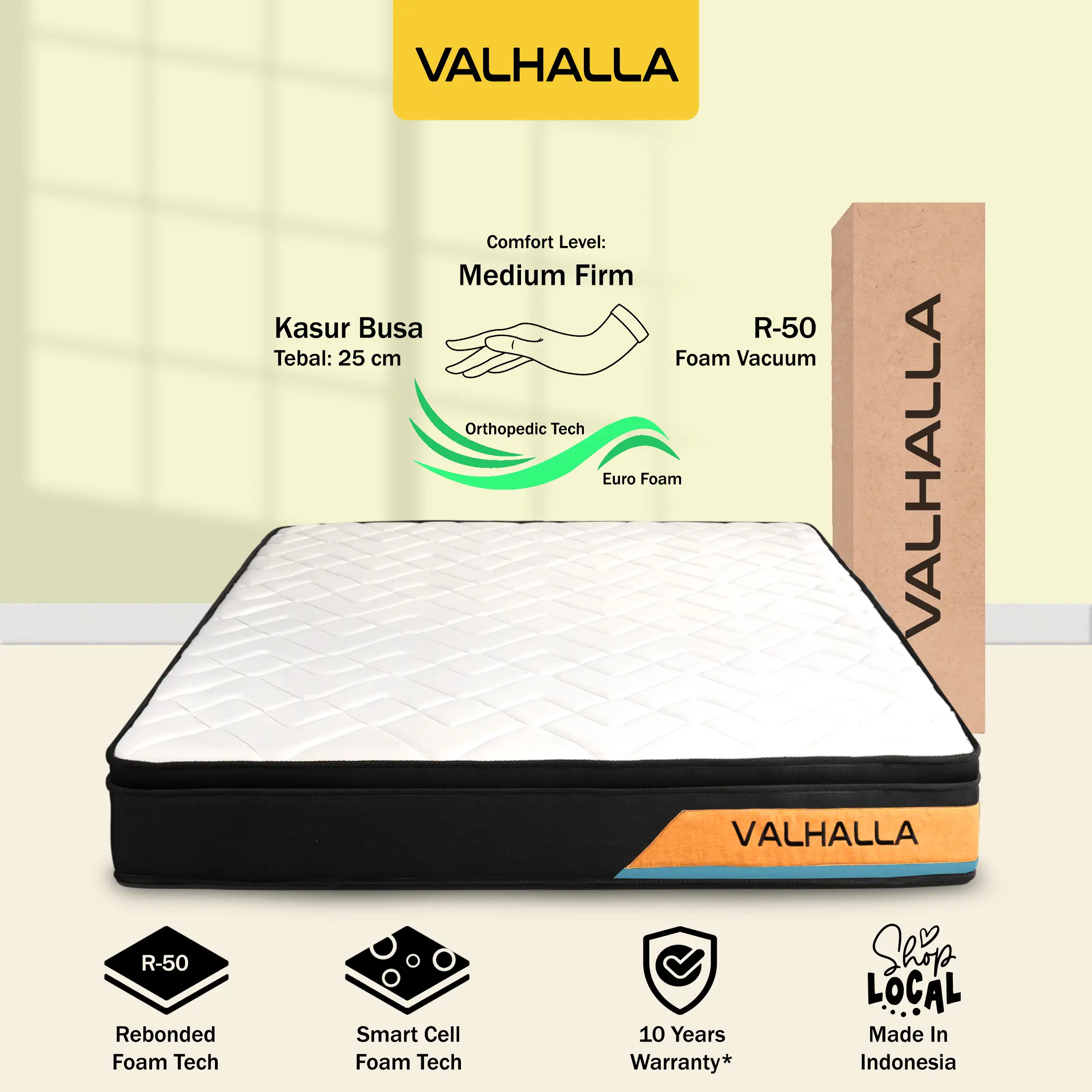 Valhalla Kasur Busa 20cm & 25cm- Busa Rebonded Foam Density 50 - Orthopedic - Vacuum Dalam Box A