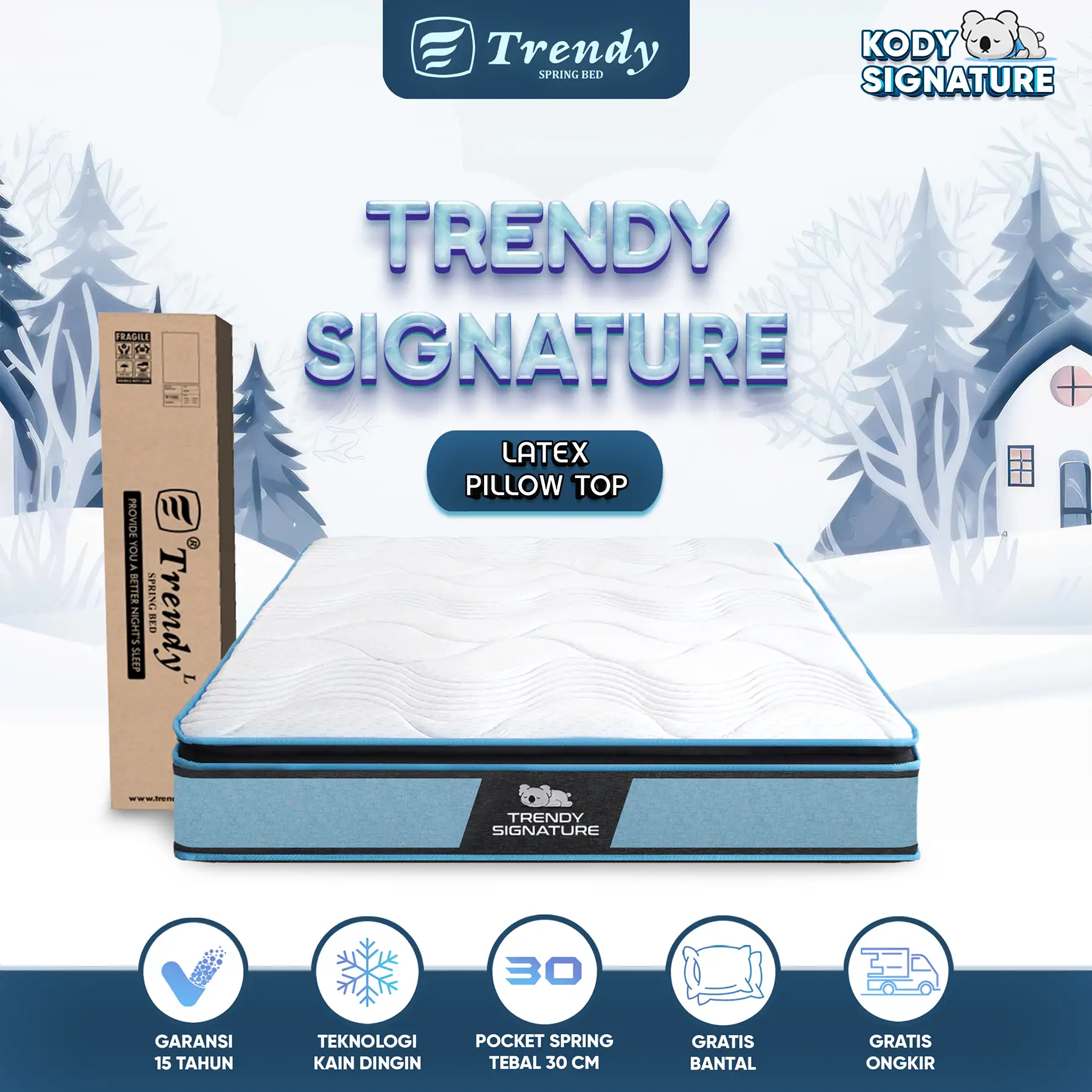Kody Trendy Signature 30cm - Kasur Spring Bed Dingin - Pocket Spring Latex Foam Encasement Dalam Box