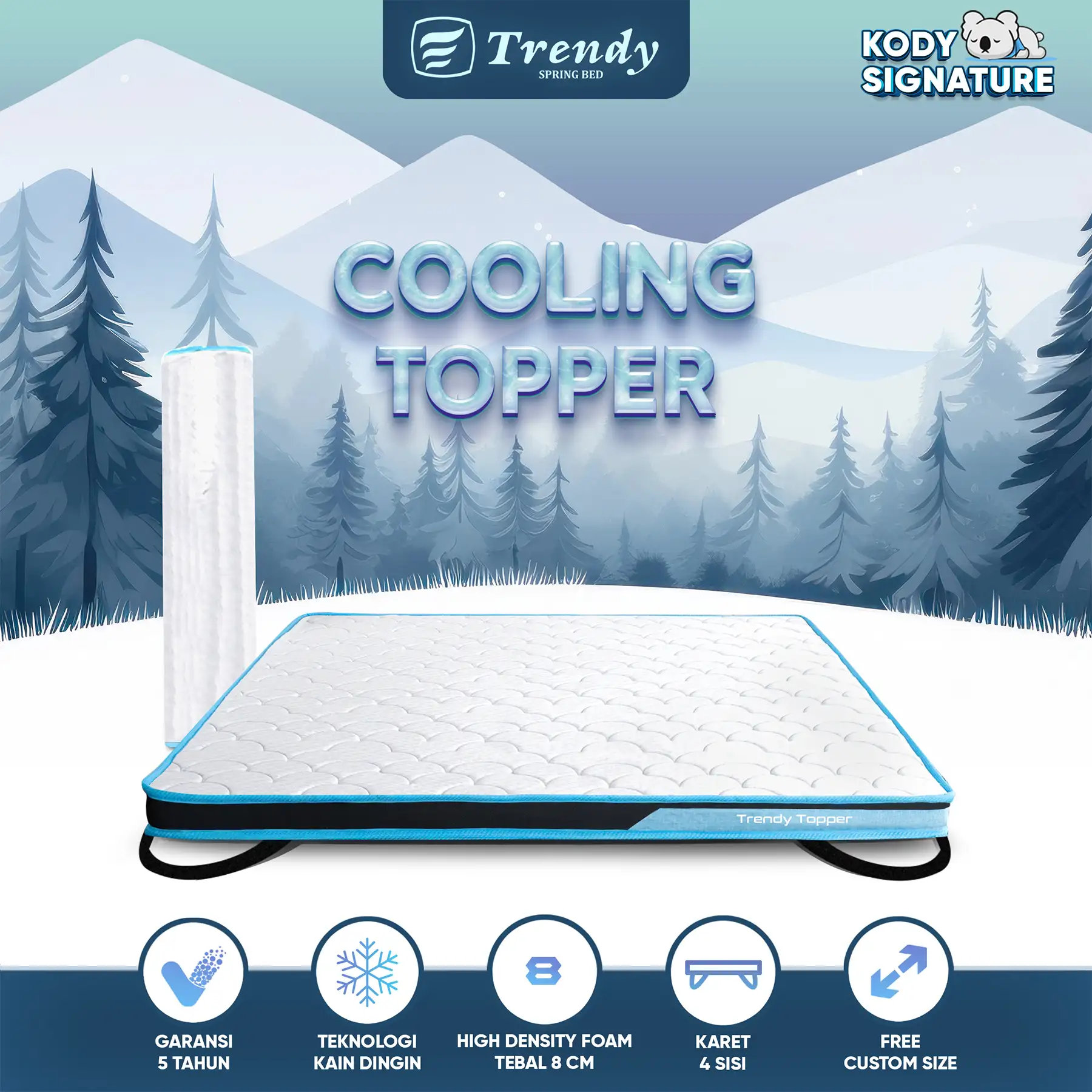 Kody Trendy Cooling Mattress Topper 8cm - Lapisan Alas Kasur Medium Firm Roll Packed