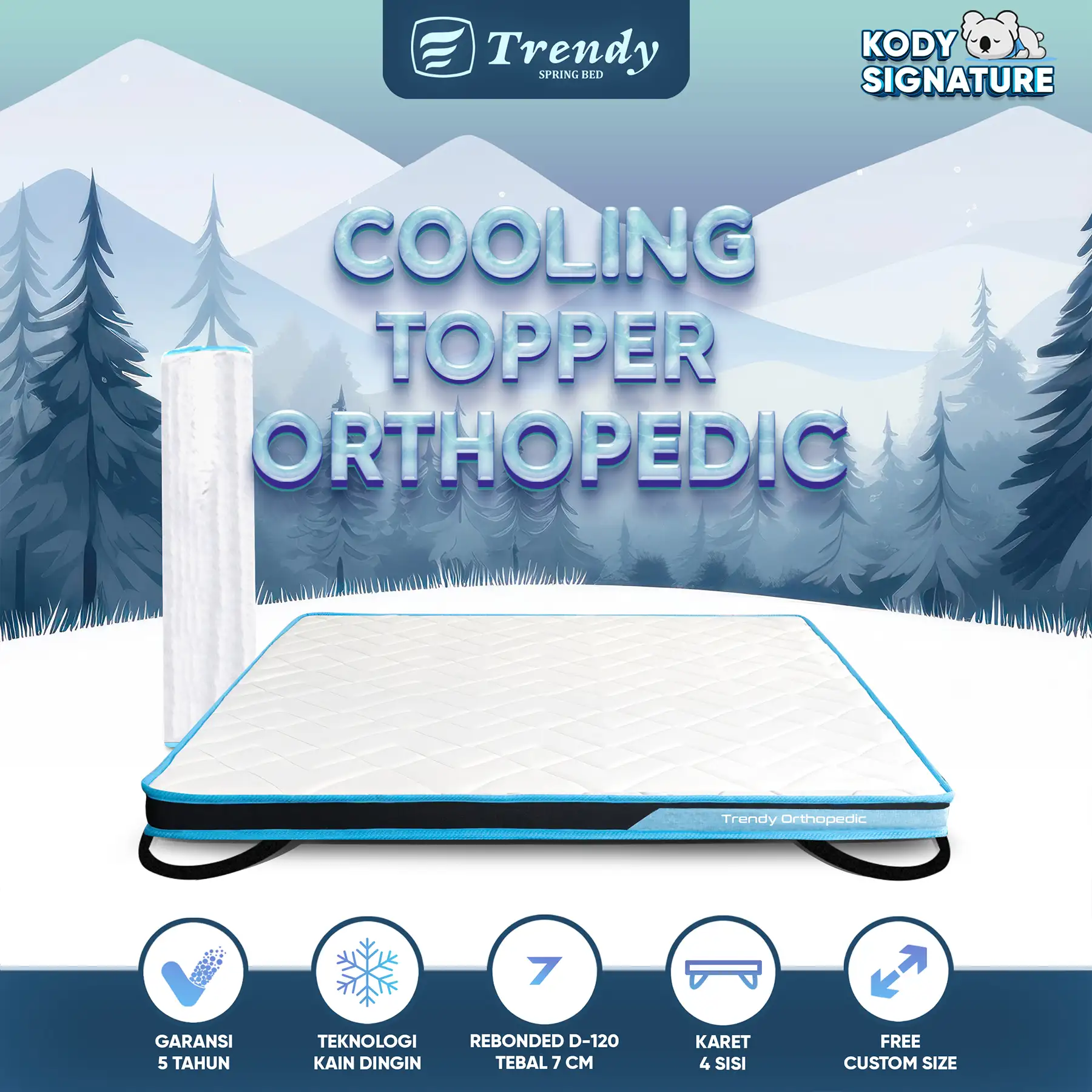 Kody Trendy Cooling Orthopedic Mattress Topper 7cm - Lapisan Alas Kasur Extra Firm Roll Packed
