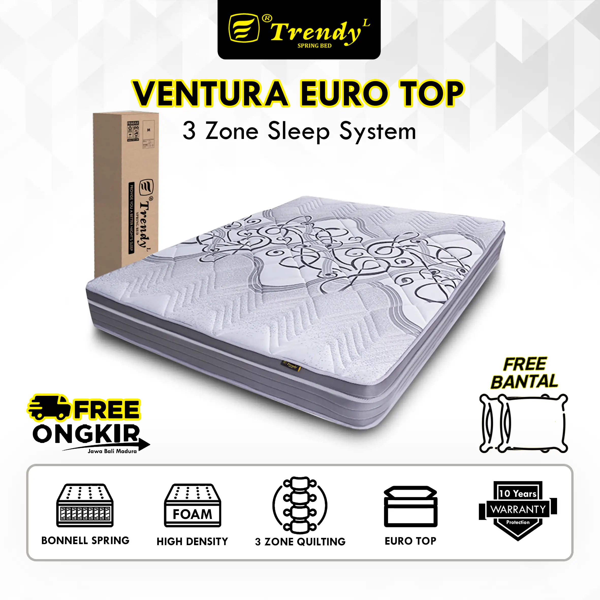 Trendy Ventura Euro Top Kasur Spring Bed Bonnell Spring -Vacuum Press Roll-Mattress Kasur Dalam Box